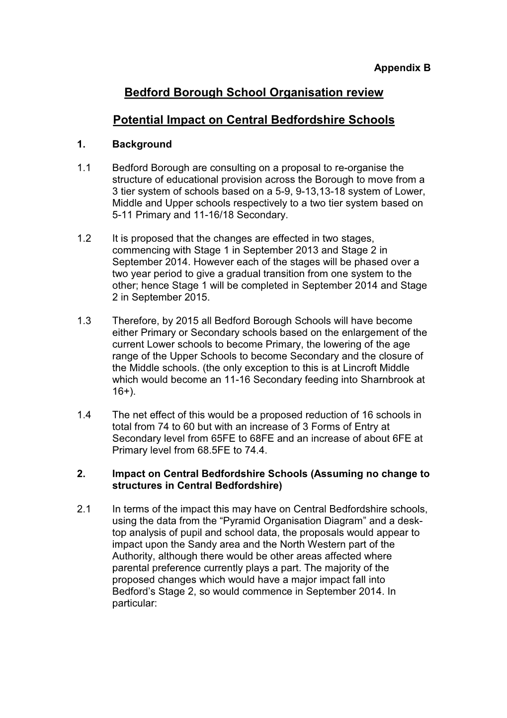 Bedford Borough School Organisation Review Potential Impact on Central Bedfordshire Schools