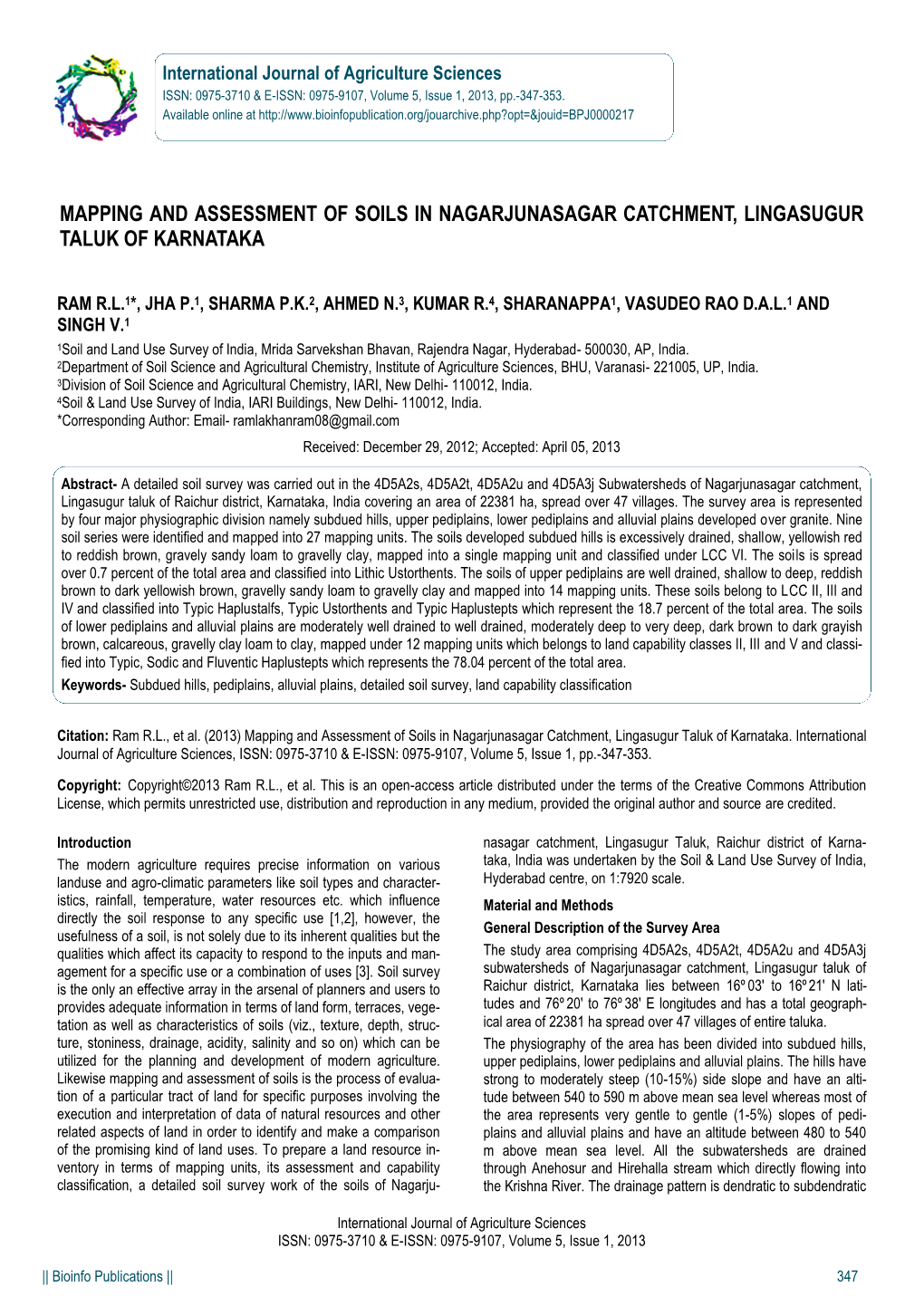 Mapping and Assessment of Soils in Nagarjunasagar Catchment, Lingasugur Taluk of Karnataka