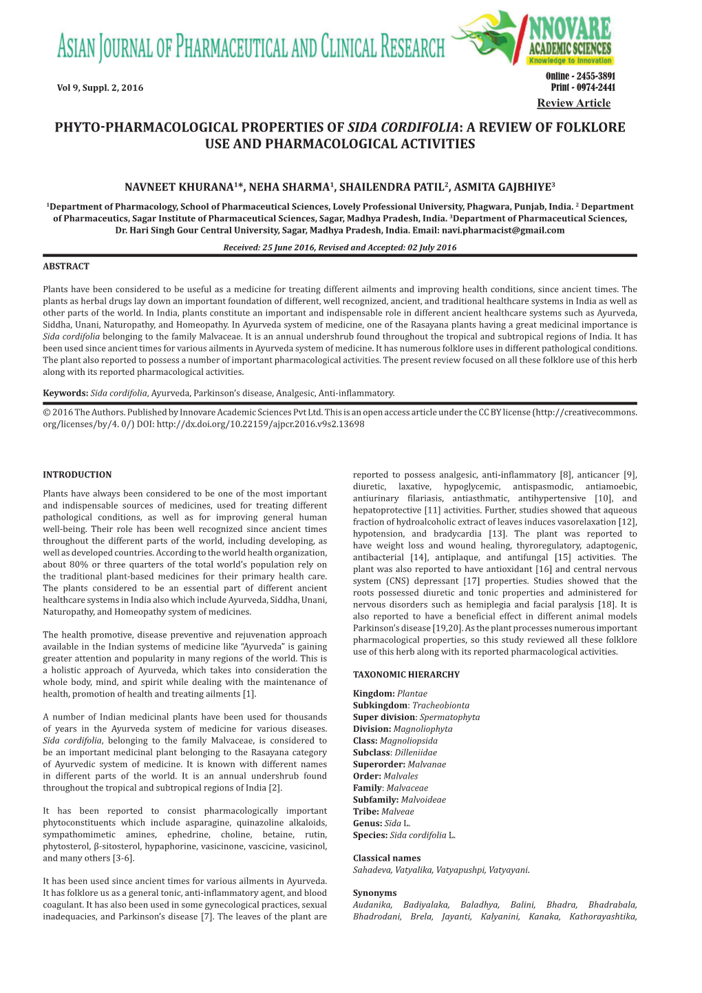 Phyto-Pharmacological Properties of Sida Cordifolia: a Review of Folklore Use and Pharmacological Activities