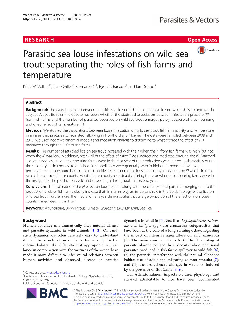 Parasitic Sea Louse Infestations on Wild Sea Trout: Separating the Roles of Fish Farms and Temperature Knut W