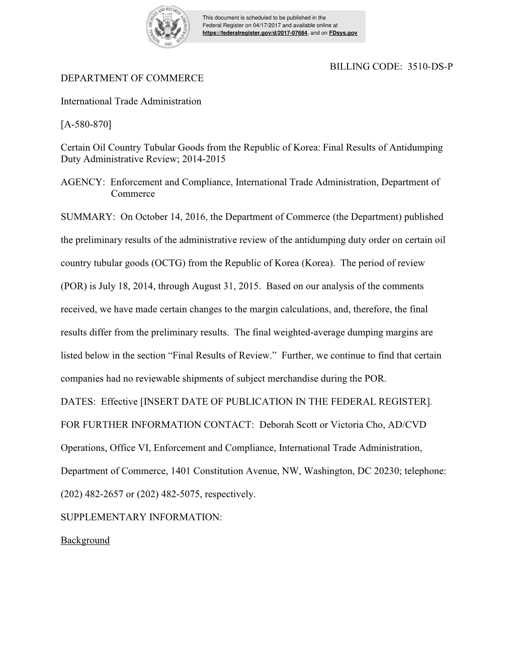 Certain Oil Country Tubular Goods from the Republic of Korea: Final Results of Antidumping Duty Administrative Review; 2014-2015