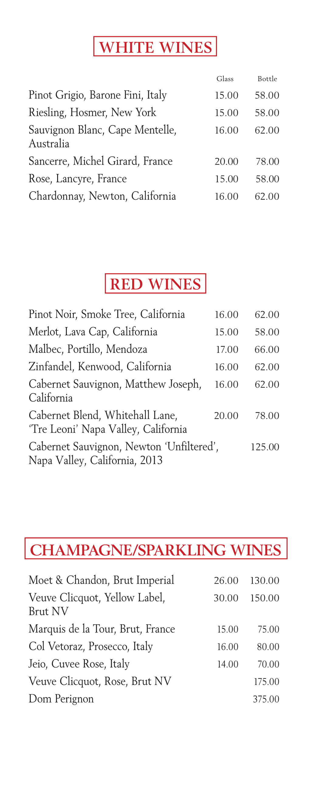 White Wines Red Wines Champagne/Sparkling Wines