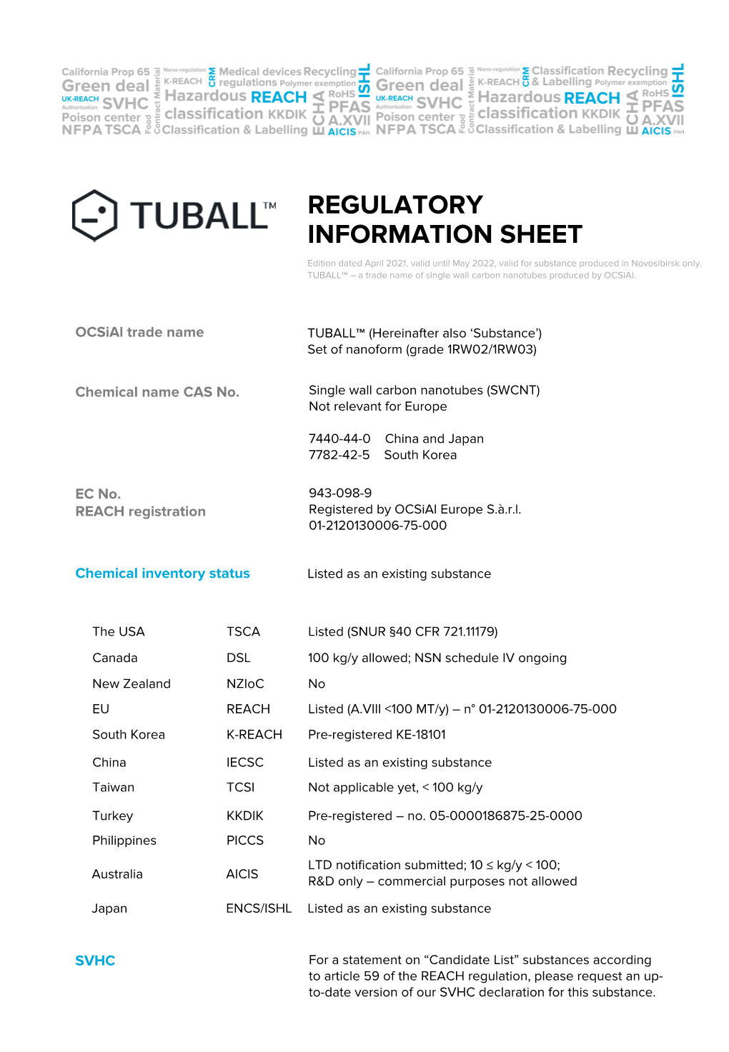 REGULATORY INFORMATION SHEET Edition Dated April 2021, Valid Until May 2022, Valid for Substance Produced in Novosibirsk Only