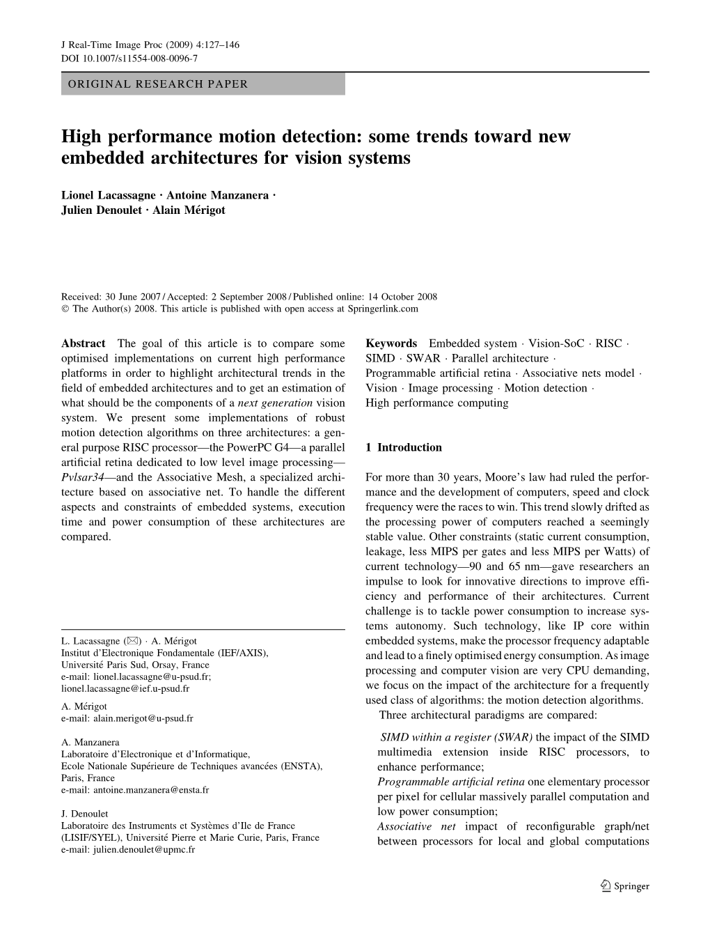 High Performance Motion Detection: Some Trends Toward New Embedded Architectures for Vision Systems