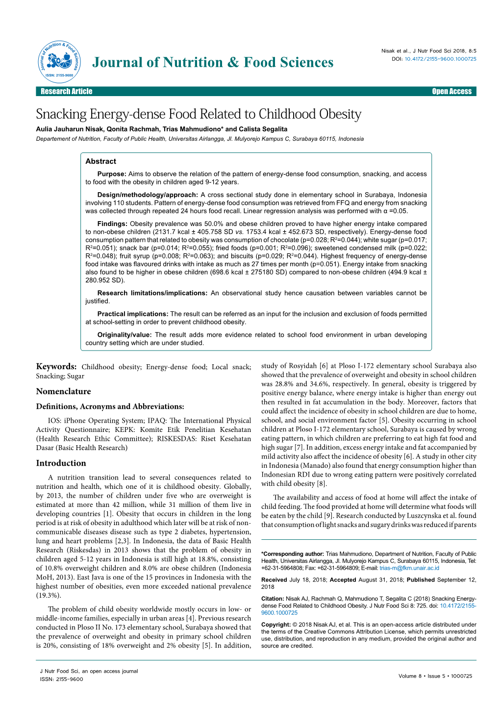 Snacking Energy-Dense Food Related to Childhood Obesity