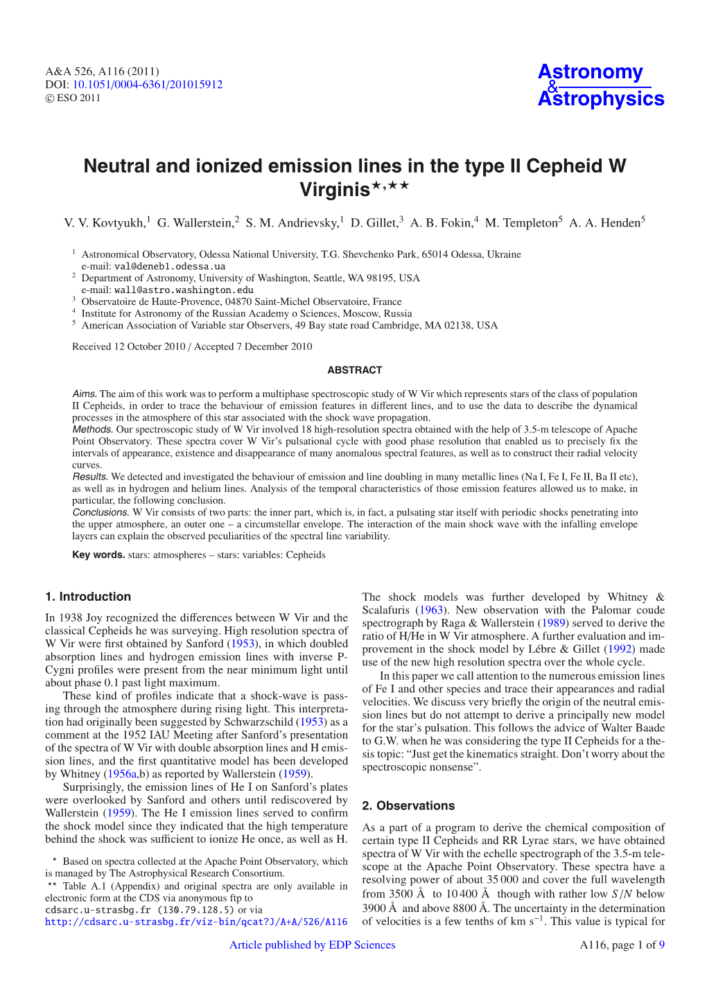 Neutral and Ionized Emission Lines in the Type II Cepheid W Virginis�,