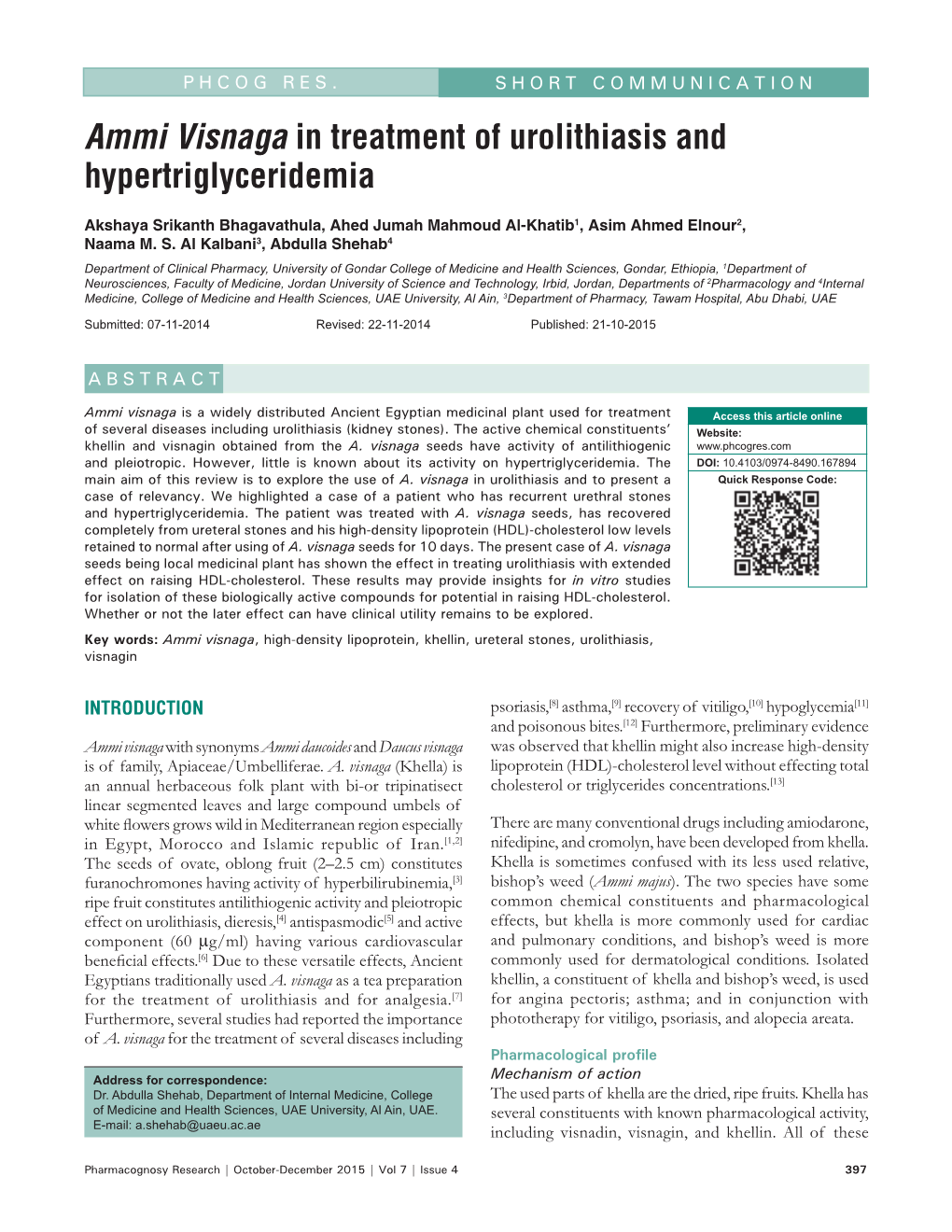 Ammi Visnaga in Treatment of Urolithiasis and Hypertriglyceridemia