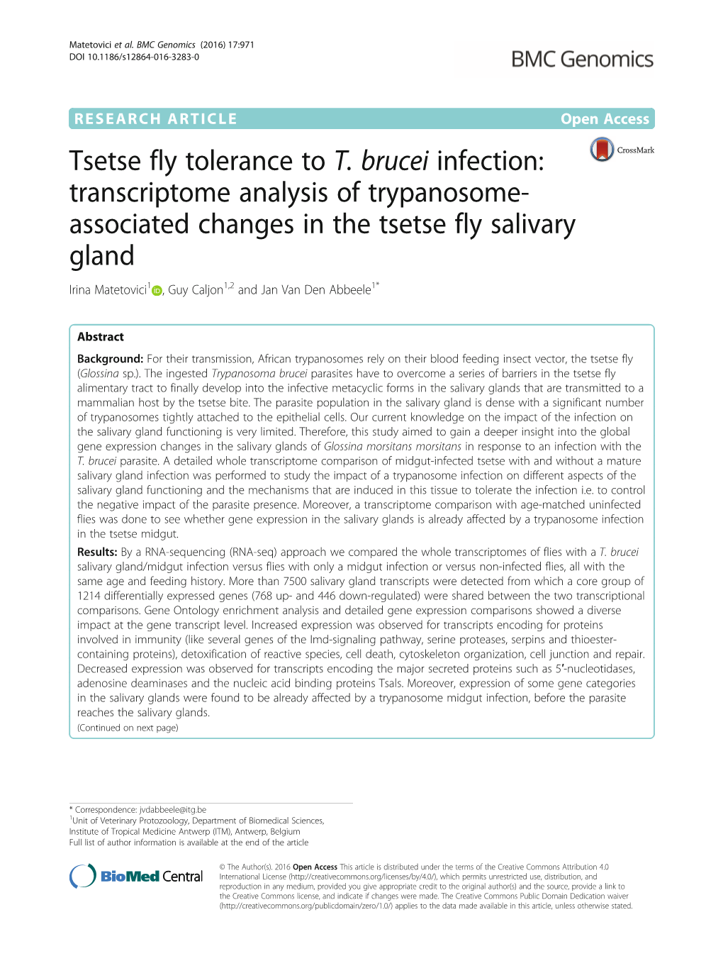 Tsetse Fly Tolerance to T. Brucei Infection: Transcriptome Analysis of Trypanosome-Associated Changes in the Tsetse Fly Salivary