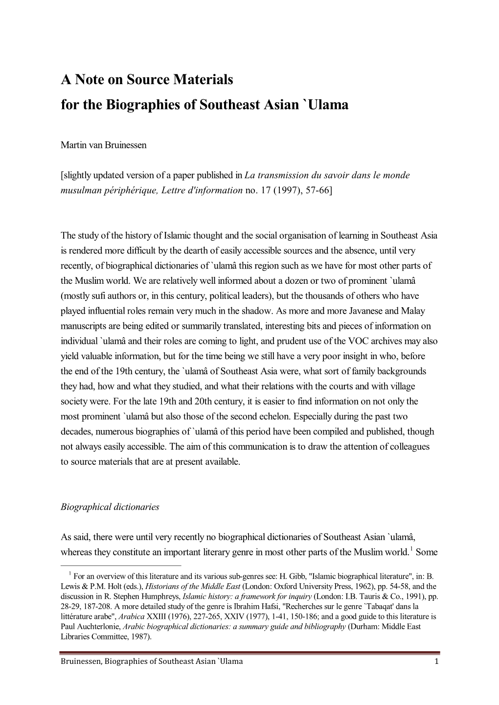 A Note on Source Materials for the Biographies of Southeast Asian `Ulama