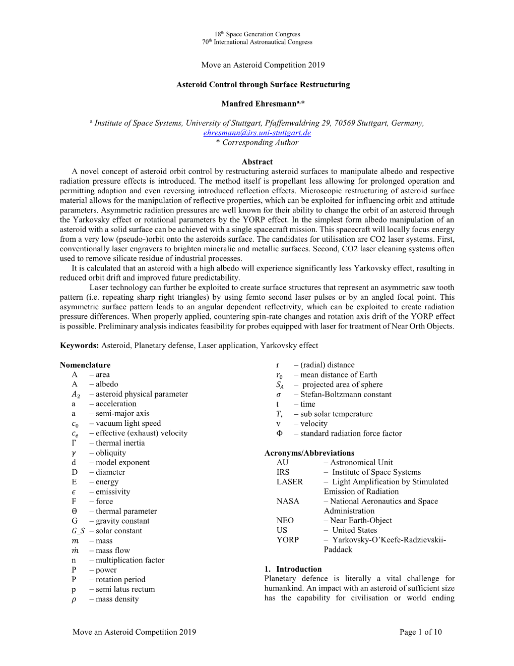 Move an Asteroid Competition 2019 Page 1 of 10 Move an Asteroid