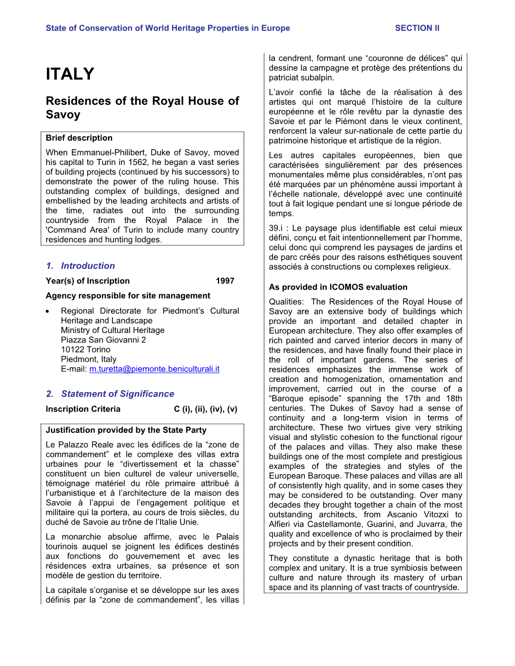 Section II: Summary of the Periodic Report on the State of Conservation