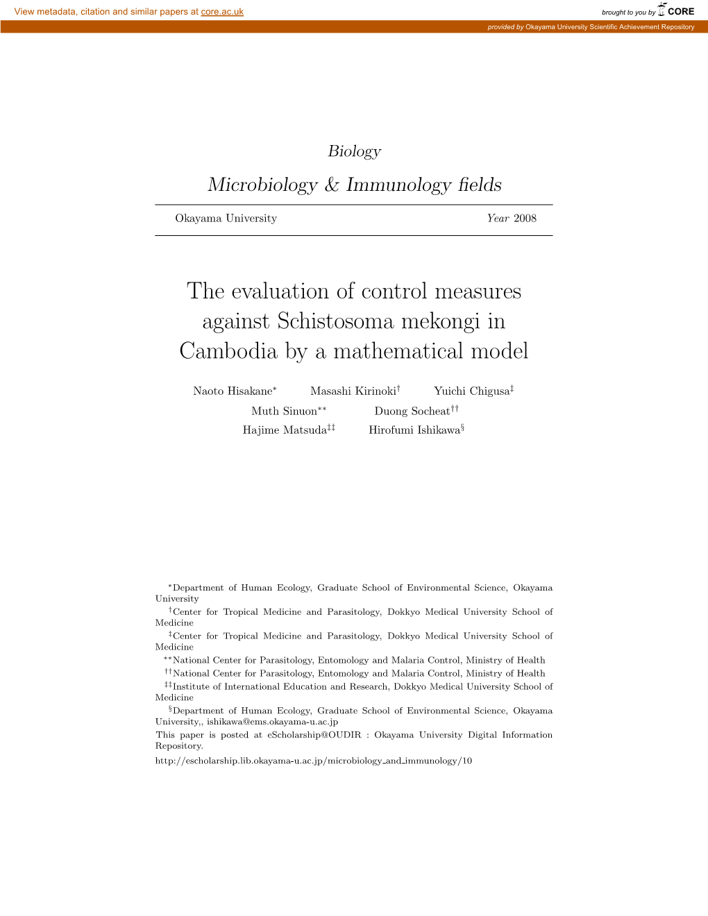 The Evaluation of Control Measures Against Schistosoma Mekongi in Cambodia by a Mathematical Model