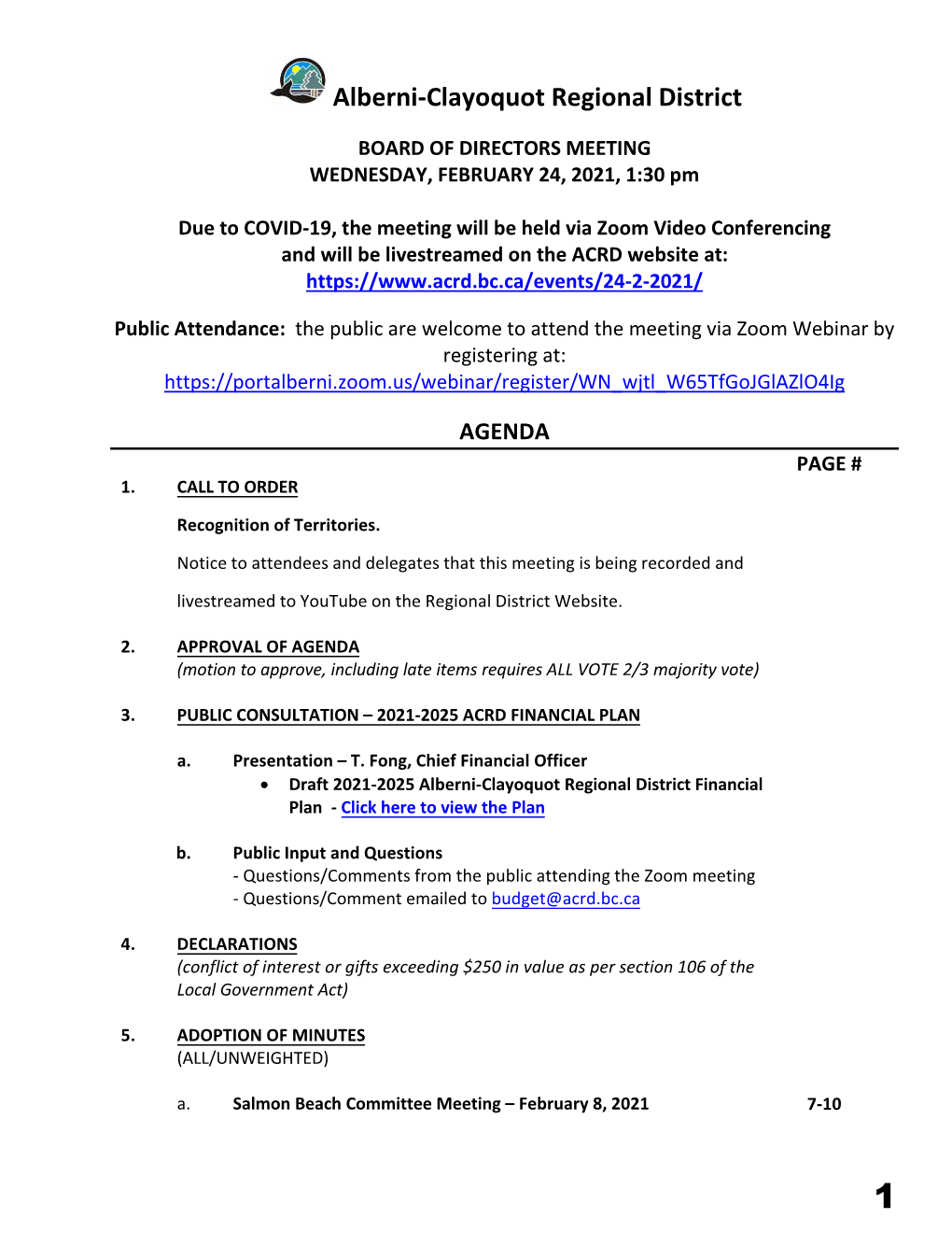 BOARD of DIRECTORS MEETING WEDNESDAY, FEBRUARY 24, 2021, 1:30 Pm