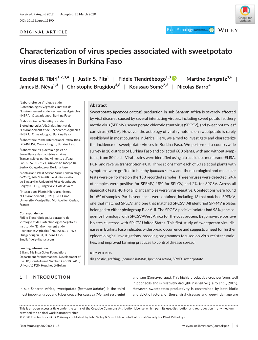 Characterization of Virus Species Associated with Sweetpotato Virus Diseases in Burkina Faso