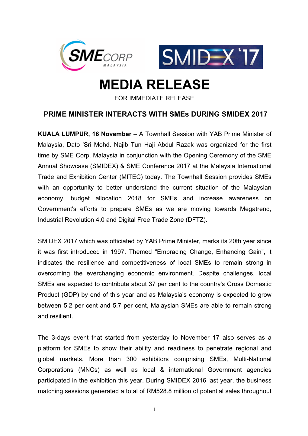 Media Release for Immediate Release