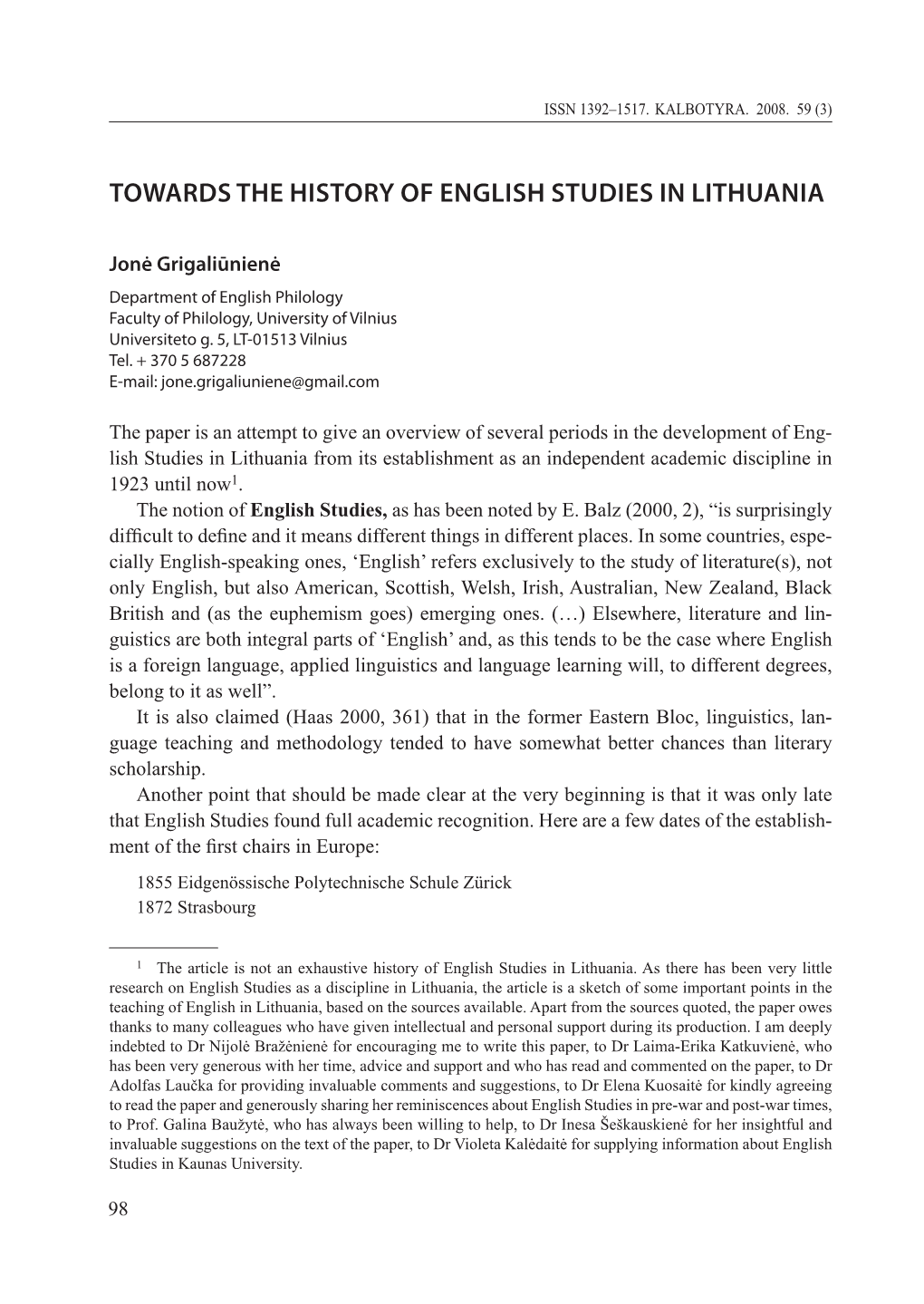 Towards the History of English Studies in Lithuania