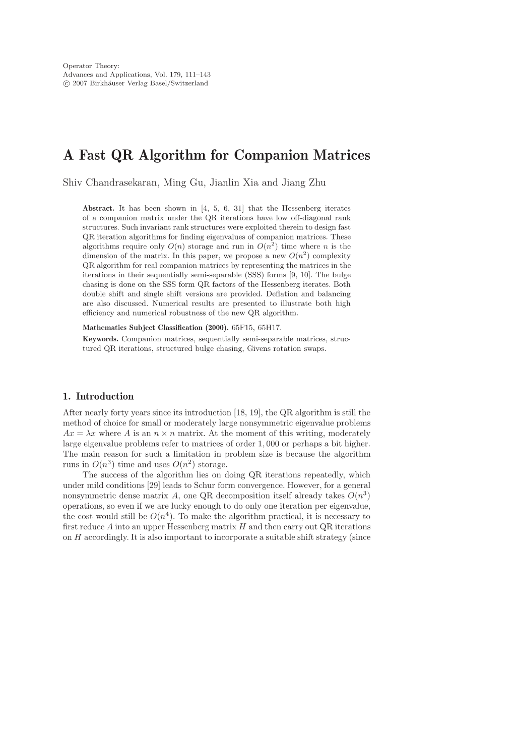 A Fast QR Algorithm for Companion Matrices