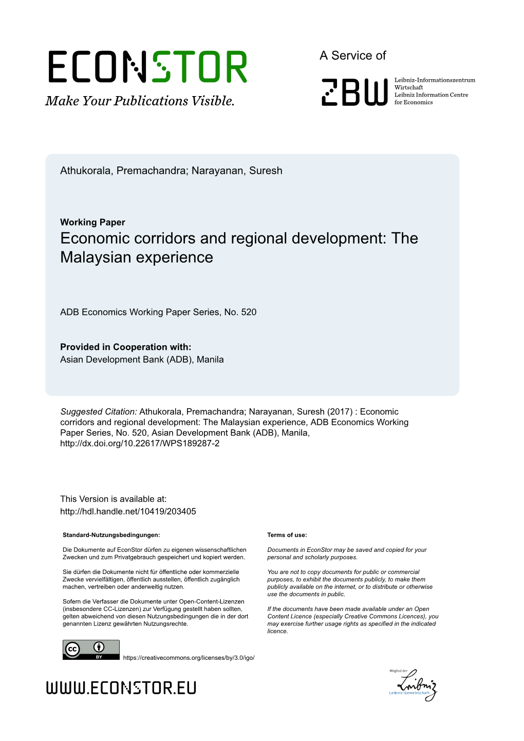 Economic Corridors and Regional Development: the Malaysian Experience