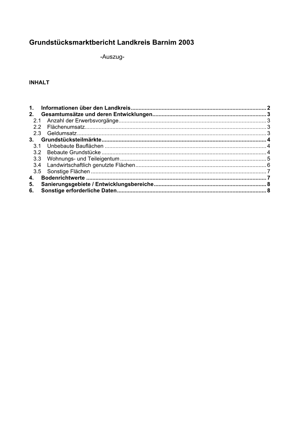 Grundstücksmarktbericht Landkreis Barnim 2003