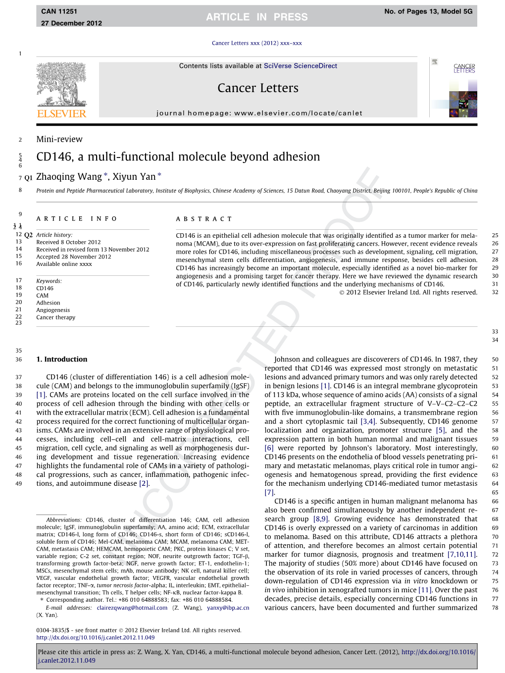 CD146, a Multi-Functional Molecule Beyond Adhesion 6 ⇑ ⇑ 7 Q1 Zhaoqing Wang , Xiyun Yan