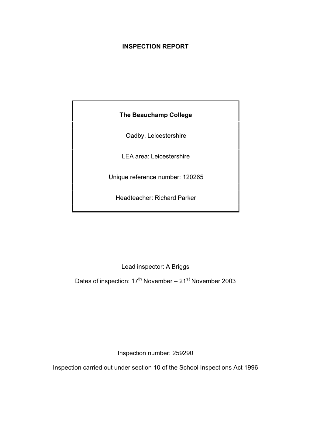 INSPECTION REPORT the Beauchamp College Oadby