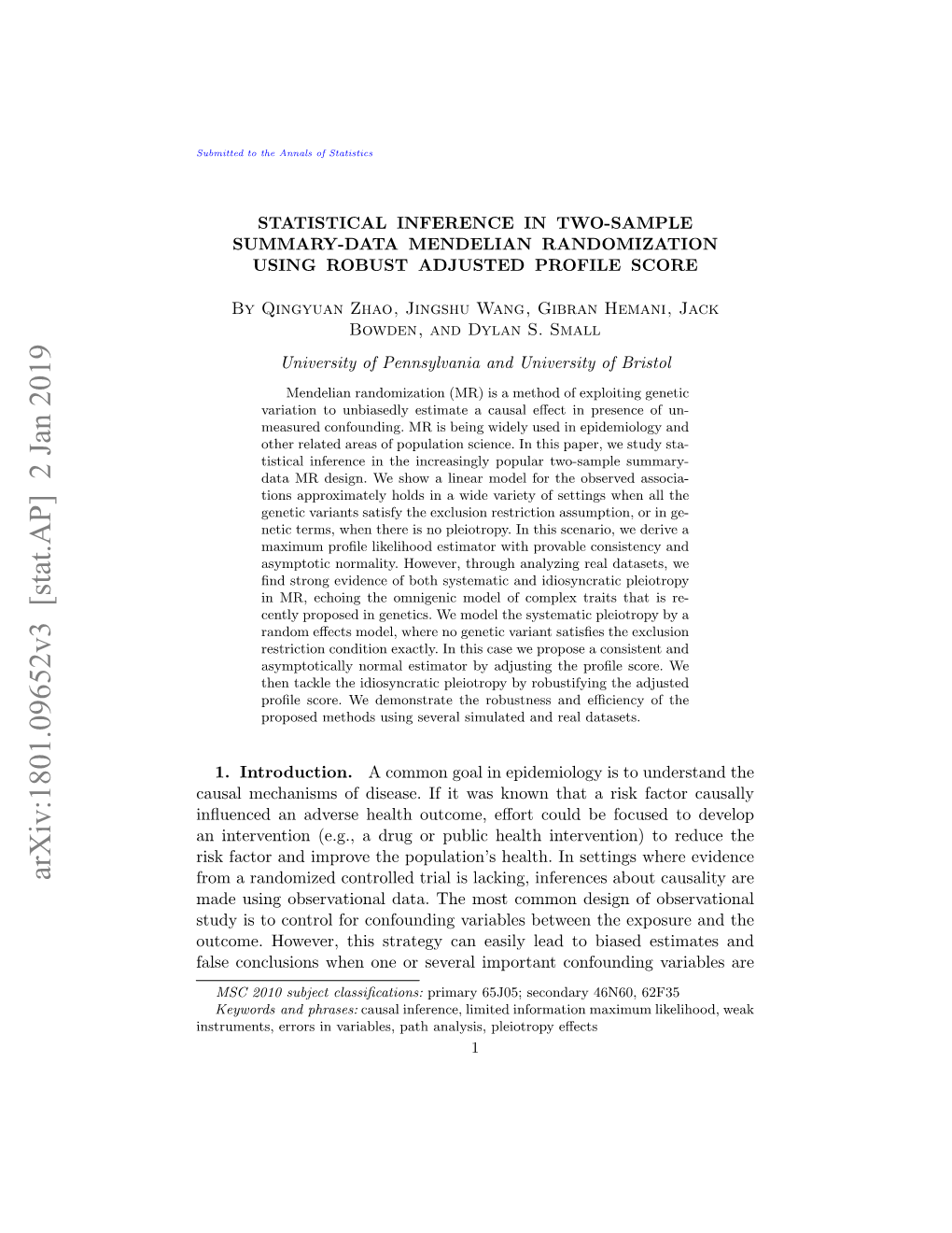 Statistical Inference in Two-Sample Summary-Data Mendelian Randomization Using Robust Adjusted Profile Score