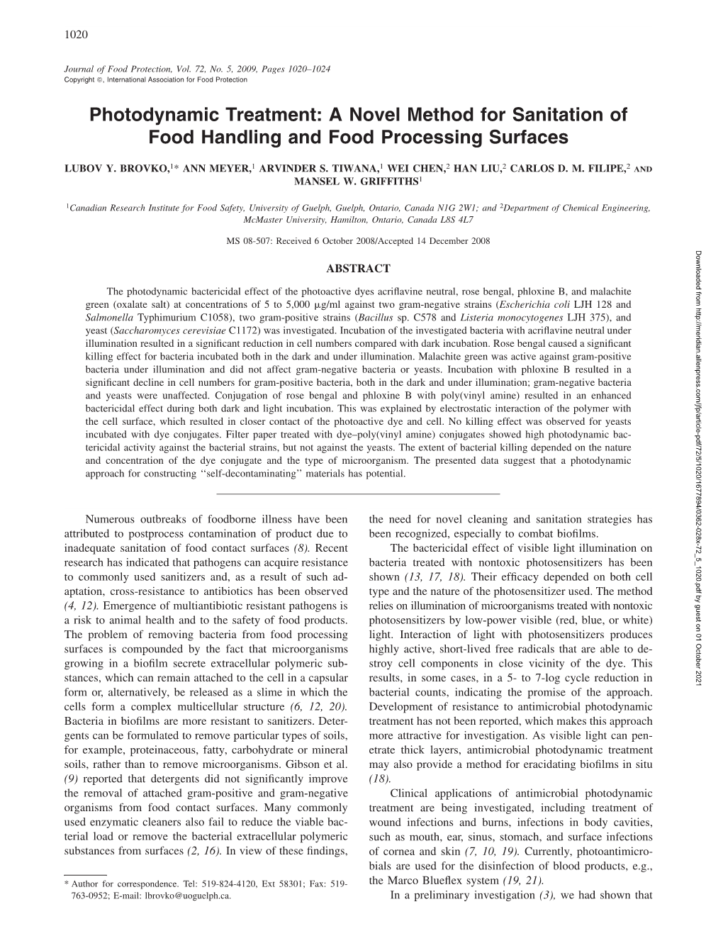 Photodynamic Treatment: a Novel Method for Sanitation of Food Handling and Food Processing Surfaces