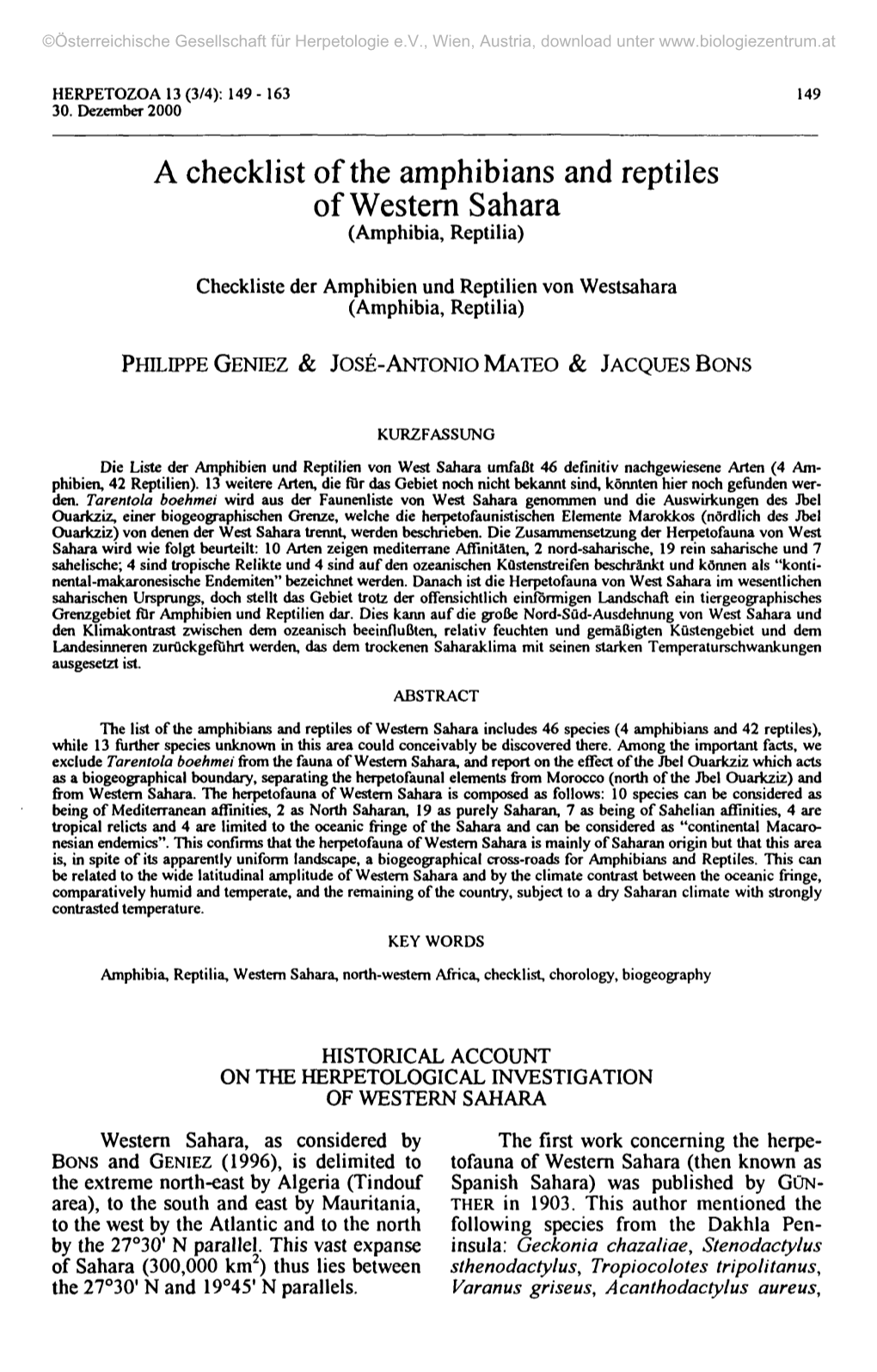 A Checklist of the Amphibians and Reptiles of Western Sahara (Amphibia, Reptilia)