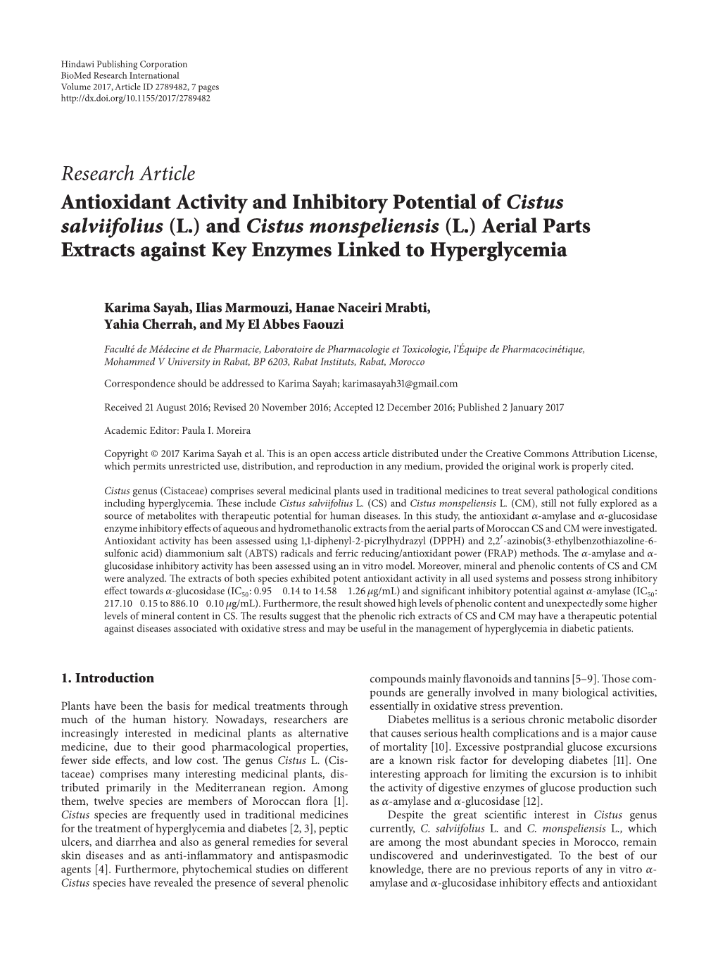 Research Article Antioxidant Activity and Inhibitory Potential of Cistus