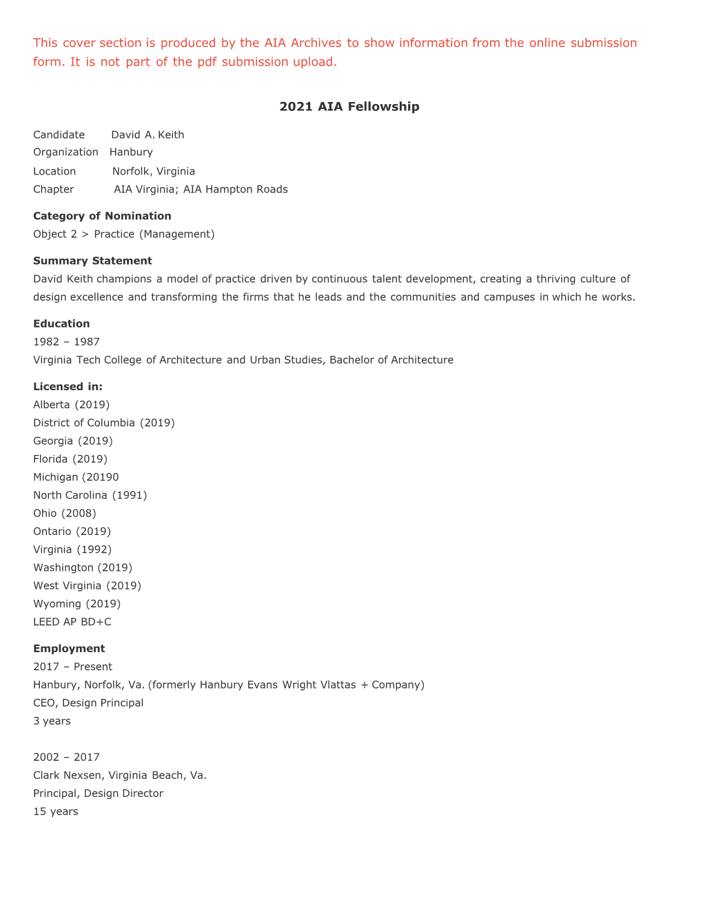 This Cover Section Is Produced by the AIA Archives to Show Information from the Online Submission Form