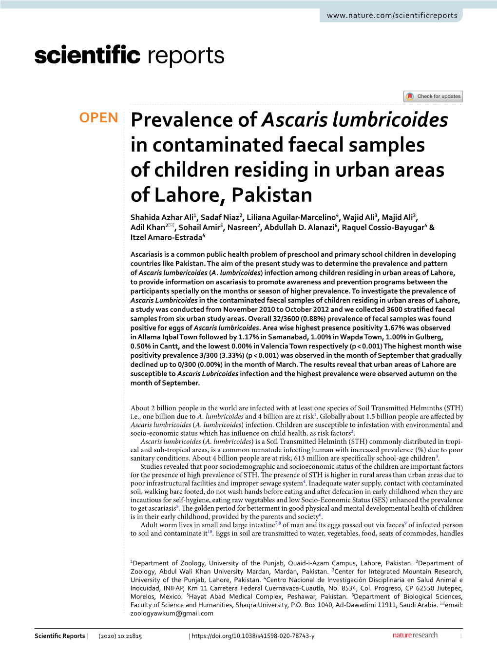 Prevalence of Ascaris Lumbricoides in Contaminated Faecal Samples Of