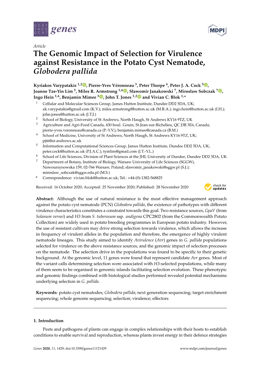 The Genomic Impact of Selection for Virulence Against Resistance in the Potato Cyst Nematode, Globodera Pallida