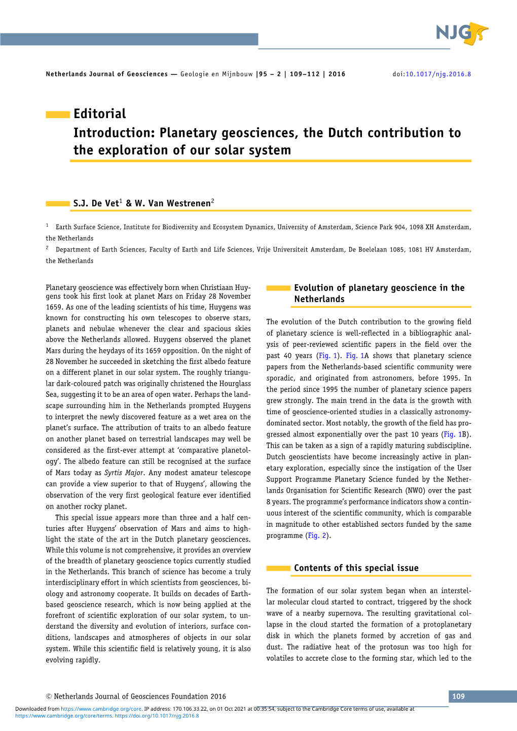 Planetary Geosciences, the Dutch Contribution to the Exploration of Our Solar System