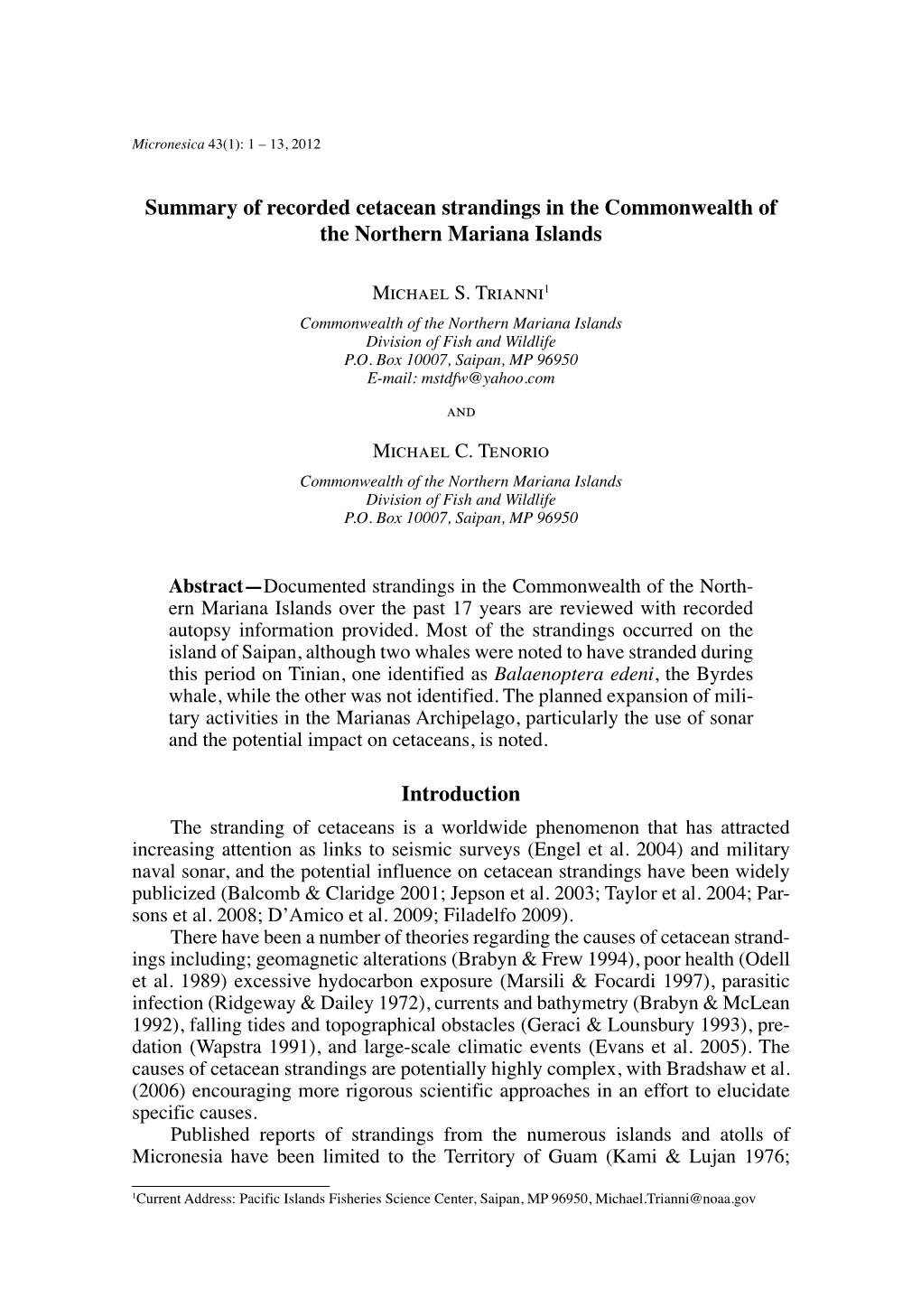 Summary of Recorded Cetacean Strandings in the Commonwealth of the Northern Mariana Islands