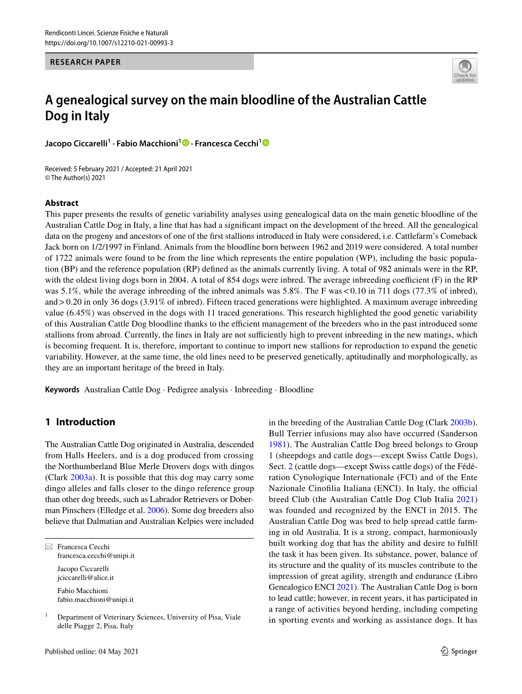 A Genealogical Survey on the Main Bloodline of the Australian Cattle Dog in Italy