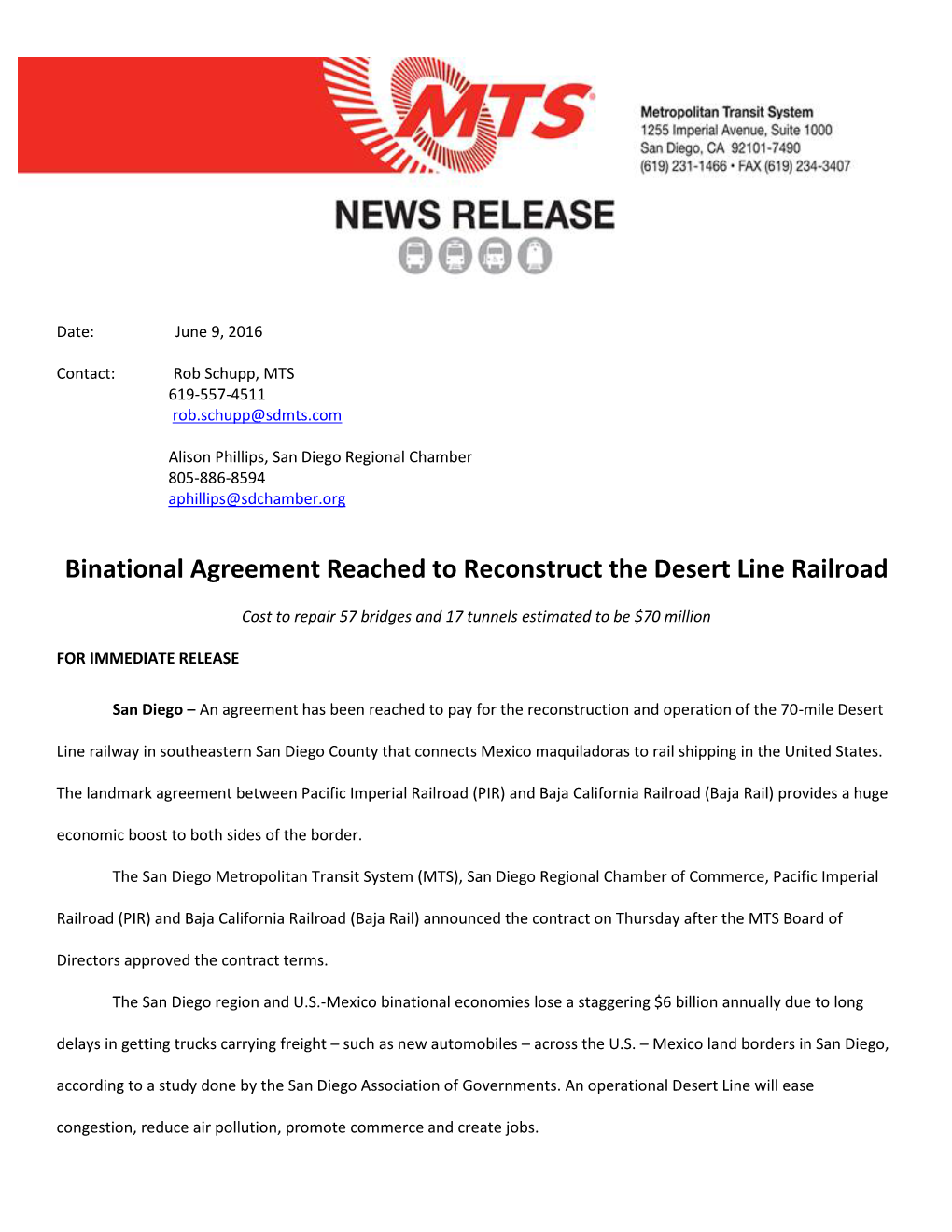 Binational Agreement Reached to Reconstruct the Desert Line Railroad