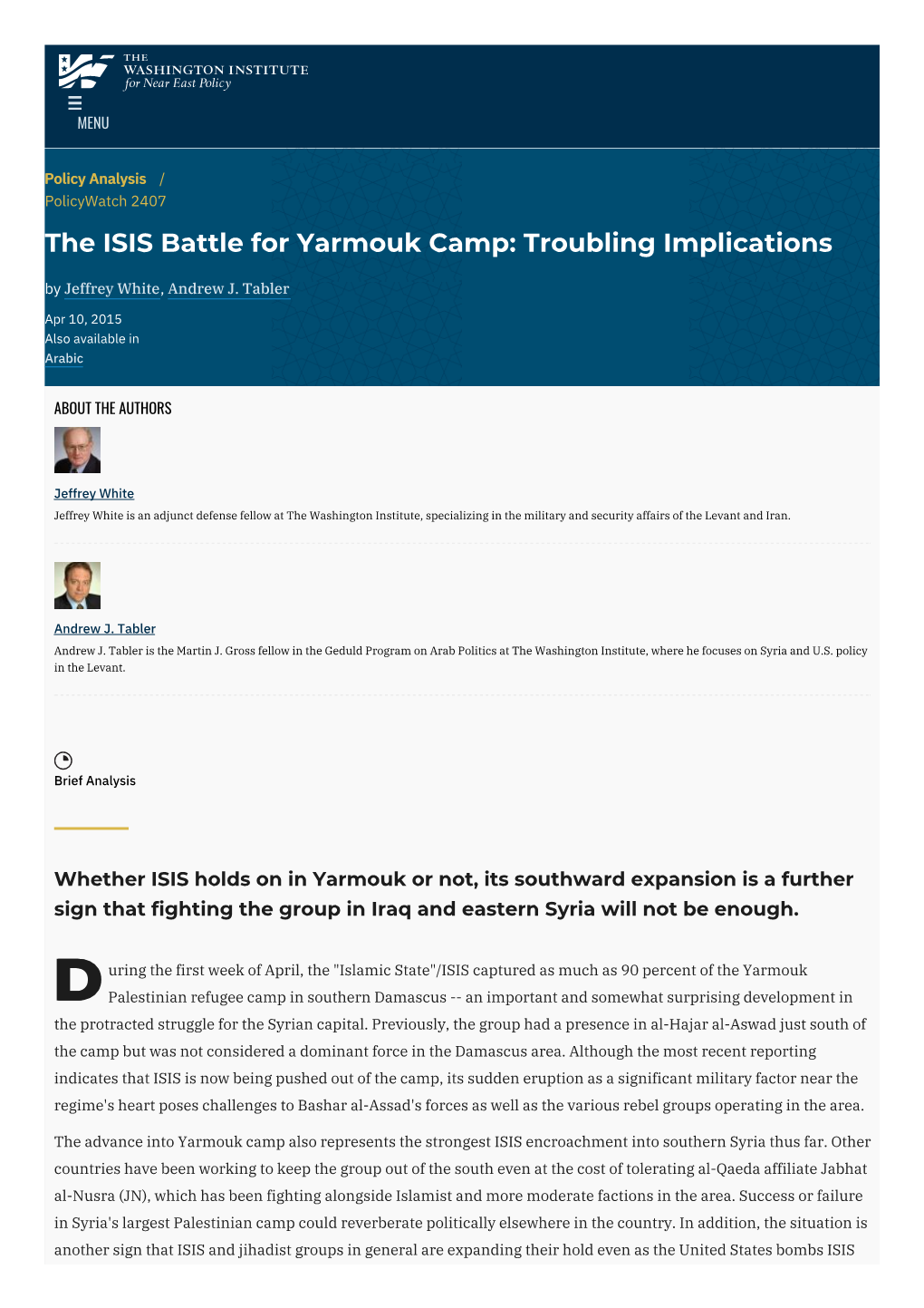 The ISIS Battle for Yarmouk Camp: Troubling Implications by Jeffrey White, Andrew J