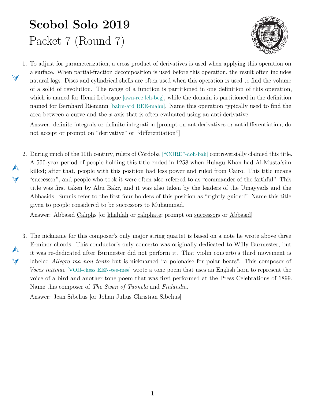 Scobol Solo 2019 Packet 7 (Round 7)