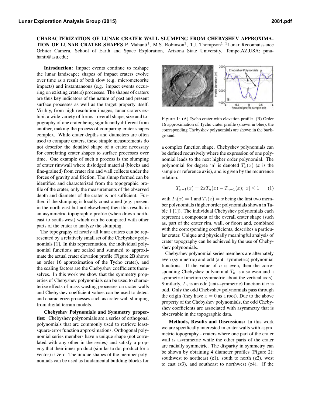 Characterization of Lunar Crater Wall Slumping from Chebyshev Approxima- Tion of Lunar Crater Shapes P