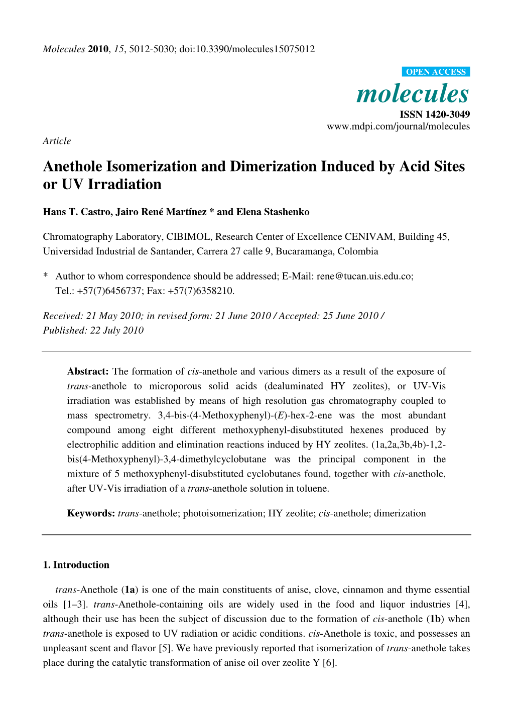 Anethole Isomerization and Dimerization Induced by Acid Sites Or UV Irradiation