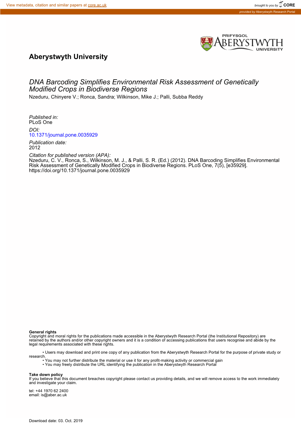 Aberystwyth University DNA Barcoding Simplifies Environmental Risk Assessment of Genetically Modified Crops in Biodiverse Region