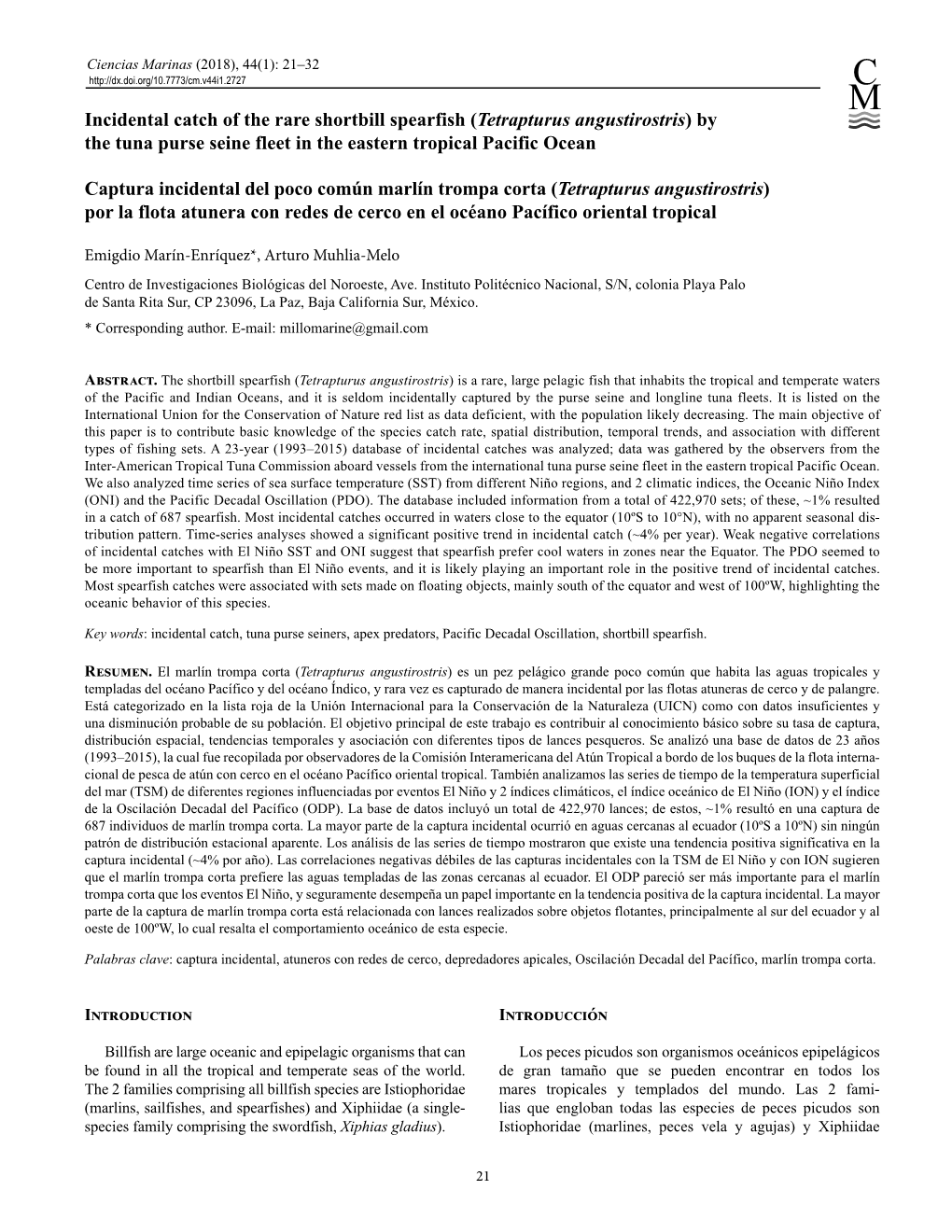 Incidental Catch of the Rare Shortbill Spearfish (Tetrapturus Angustirostris) by the Tuna Purse Seine Fleet in the Eastern Tropical Pacific Ocean