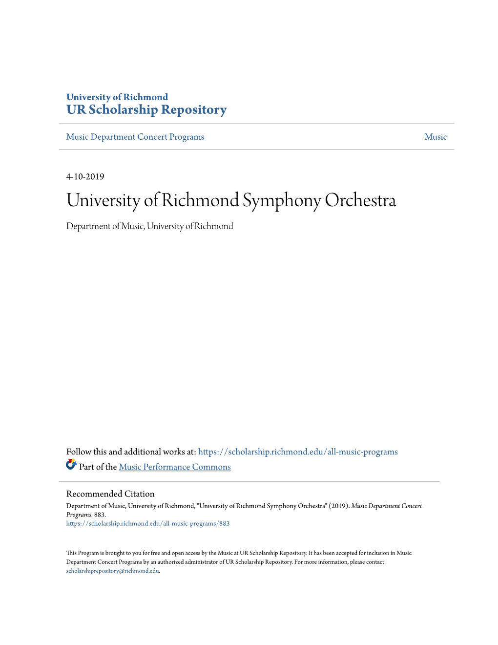 University of Richmond Symphony Orchestra Department of Music, University of Richmond