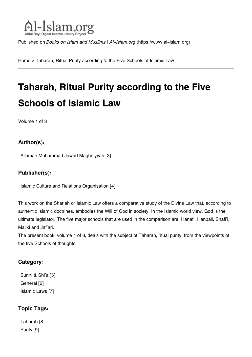 Taharah, Ritual Purity According to the Five Schools of Islamic Law