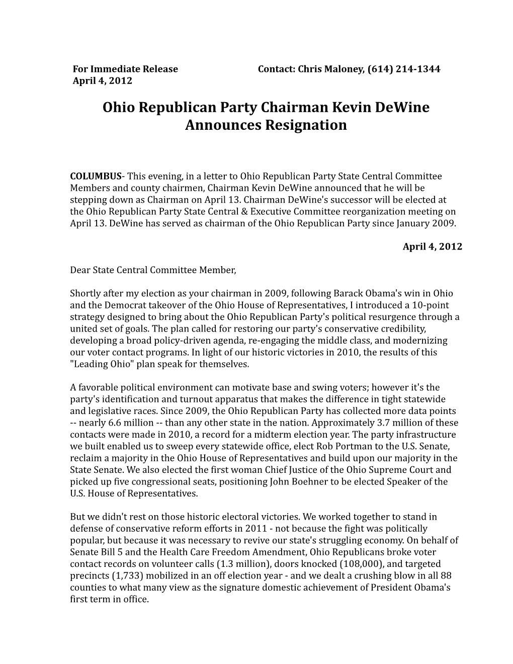 Ohio Republican Party Chairman Kevin Dewine Announces Resignation