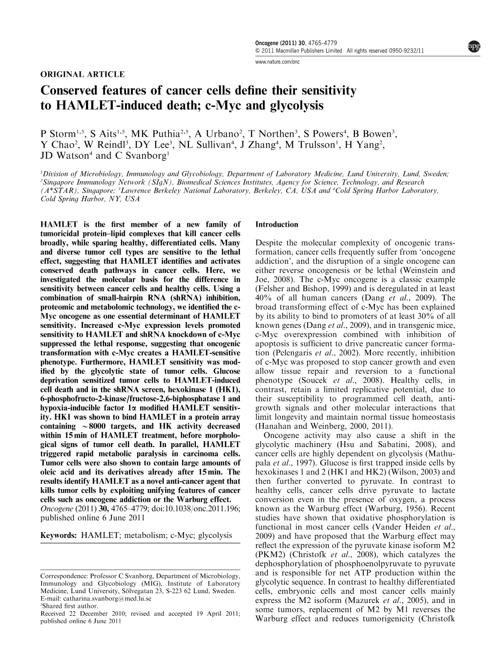 Conserved Features of Cancer Cells Define Their Sensitivity to HAMLET