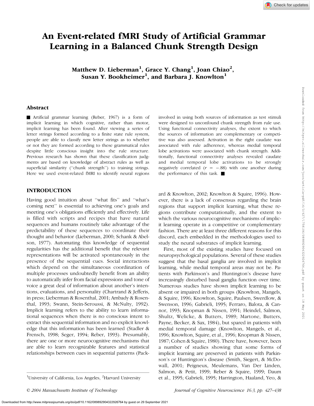 An Event-Related Fmri Study of Artificial Grammar Learning in a Balanced Chunk Strength Design