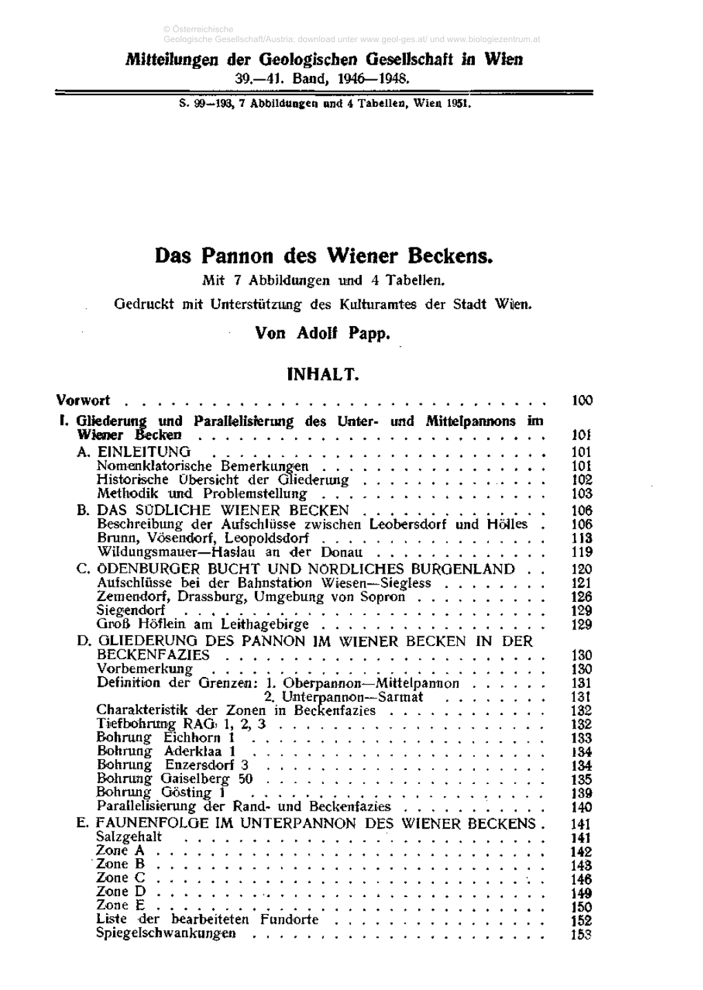 Das Pannon Des Wiener Beckens. Mit 7 Abbildungen Und 4 Tabellen