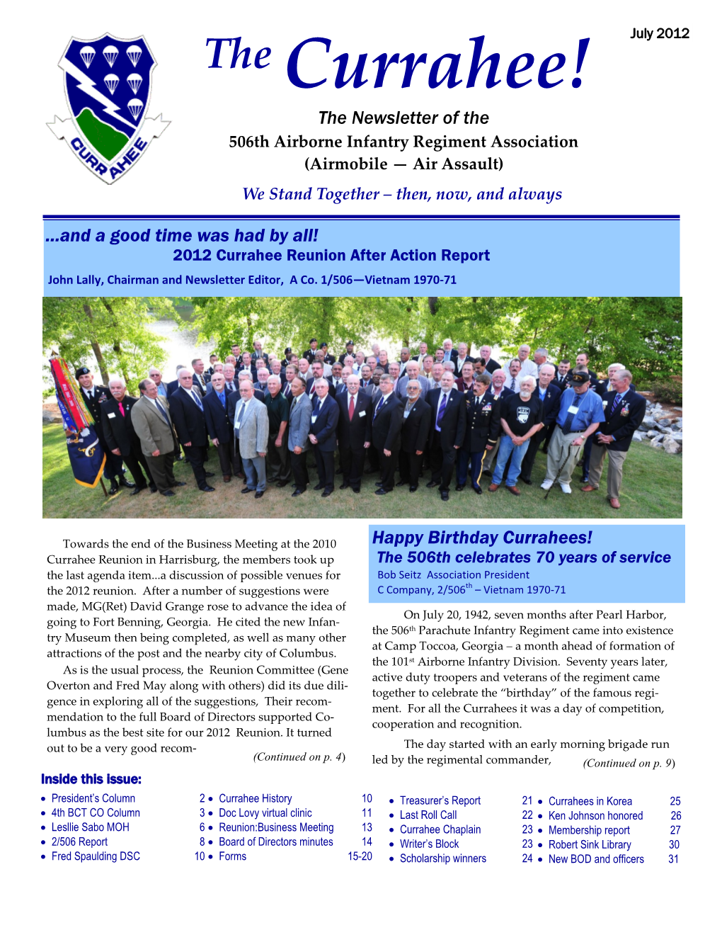 The Currahee! the Newsletter of the 506Th Airborne Infantry Regiment Association (Airmobile — Air Assault) We Stand Together – Then, Now, and Always