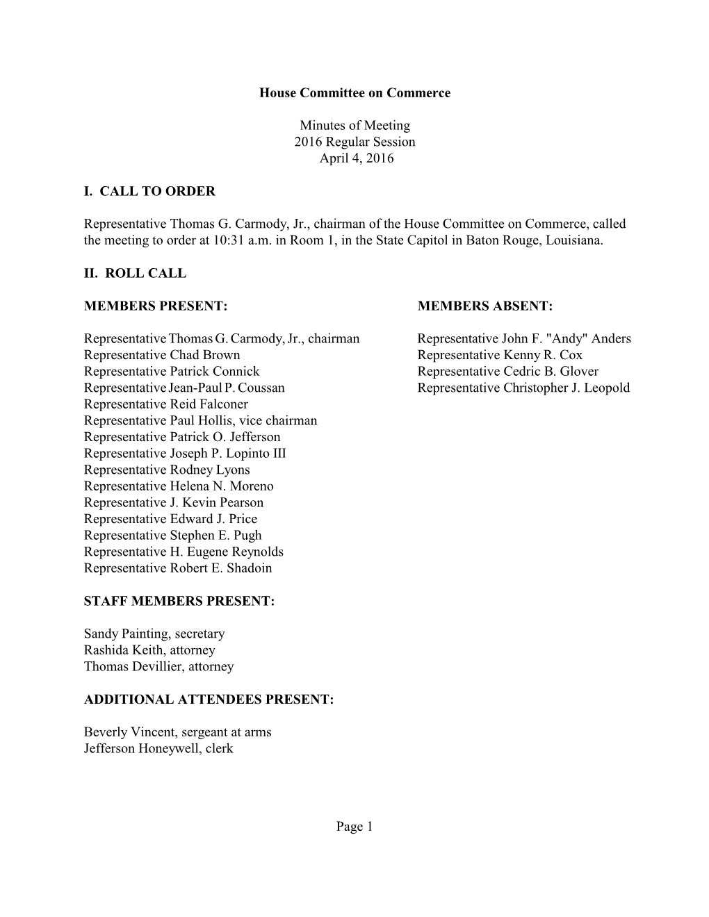 House Committee on Commerce Minutes of Meeting 2016 Regular